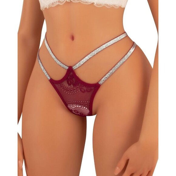 🆕Women’s Wine Red Glitter Lace Breathable Strappy Sexy Underwear Panties 257 - Picture 1 of 6
